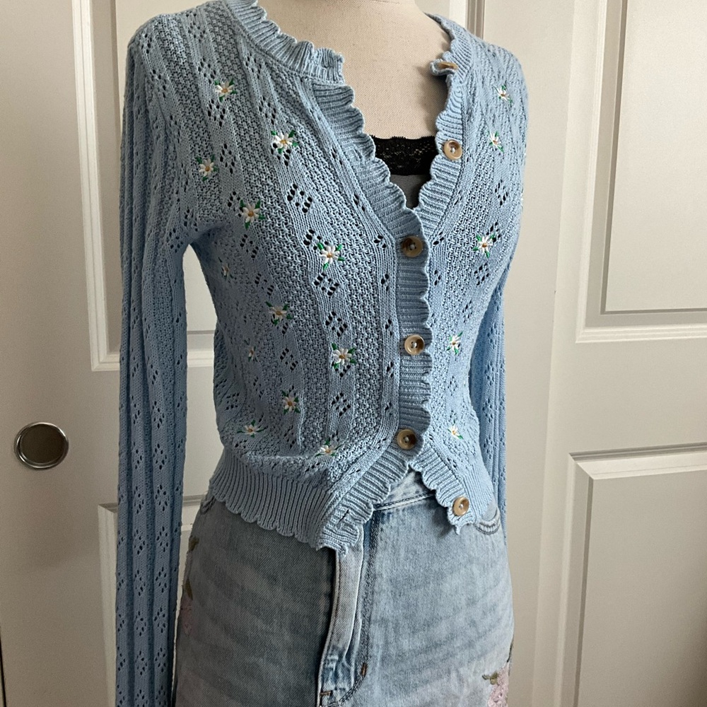 Light Blue Floral Knit Cardigan